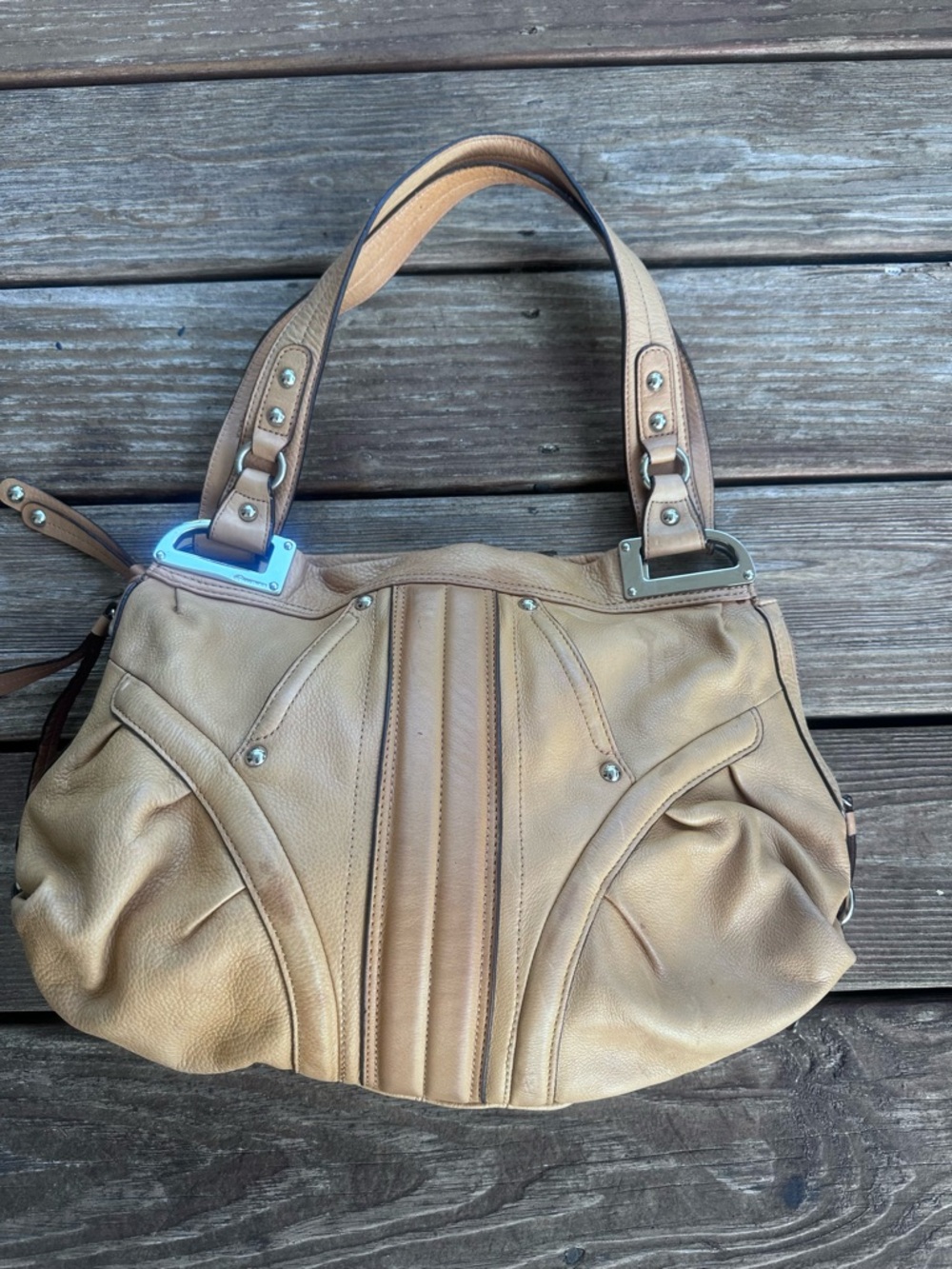 b. makowsky Tan Leather Shoulder Bag with Dual Handles